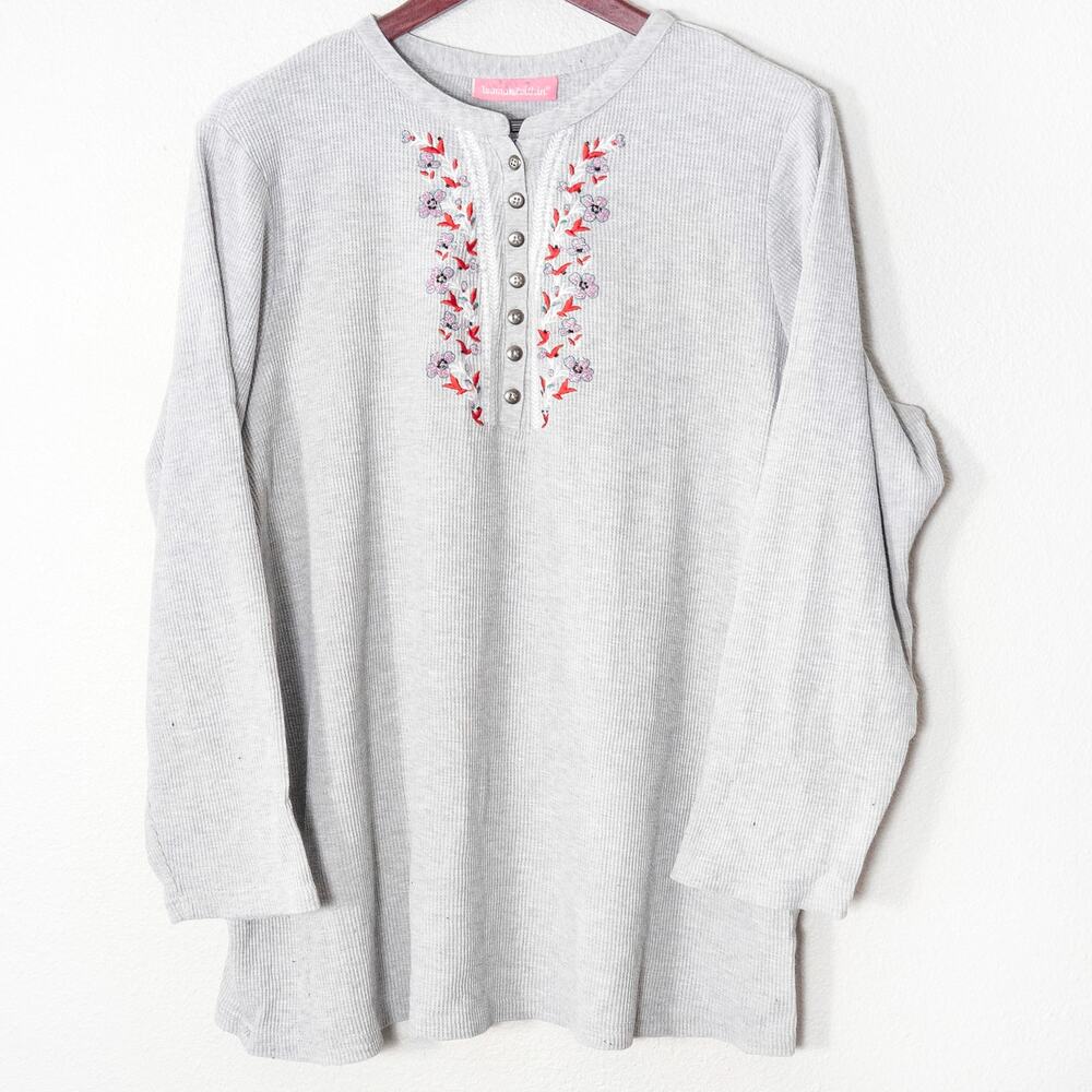Woman Within Gray Embroidered Waffle Henley Top 1X Cozy Classic Soft